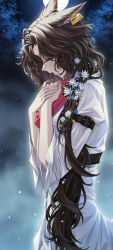 Rule 34 | 1girl, animal ears, arm belt, book, breasts, brown hair, centauroid, closed eyes, commentary, cowboy shot, crying, deer ears, ear tag, english commentary, flower, full moon, hair flower, hair ornament, hair over shoulder, highres, holding, holding book, jessica (reverse:1999), long hair, long sleeves, moon, night, outdoors, parted bangs, parted lips, reverse:1999, shirt, sidelocks, sieka (piiroinardesco), small breasts, solo, standing, taur, white flower, white shirt