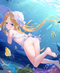 Rule 34 | 1girl, abigail williams (fate), abigail williams (swimsuit foreigner) (fate), abigail williams (swimsuit foreigner) (third ascension) (fate), ass, bare shoulders, bikini, blonde hair, blue eyes, blush, bonnet, bow, breasts, fate/grand order, fate (series), feet, fish, forehead, hair bow, highres, legs, long hair, looking at viewer, looking back, miniskirt, navel, parted bangs, poumi, sidelocks, skirt, small breasts, swimming, swimsuit, twintails, underwater, very long hair, white bikini, white bow, white headwear