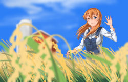 Rule 34 | 1girl, alternate costume, blue eyes, blurry, blush, casual, charlotte e. yeager, cloud, commentary, day, depth of field, farm, field, grass, hand up, highres, hiroshi (hunter-of-kct), light smile, aged up, one eye closed, orange hair, outdoors, overalls, sky, solo, strike witches, upper body, waving, wind, world witches series
