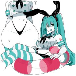 Rule 34 | 1girl, animal ears, aqua sailor collar, aqua thighhighs, black neckerchief, black panties, black skirt, bright pupils, buttons, cosplay, cowboy shot, crop top, cropped shirt, dizzyspells, fake animal ears, feet out of frame, flying sweatdrops, green eyes, hair ornament, hatsune miku, highleg, highleg panties, highres, innertube, kantai collection, long hair, looking at viewer, lower body, miniskirt, multiple views, navel, neckerchief, number tattoo, open mouth, panties, pleated skirt, rabbit ears, revision, ringed eyes, sailor collar, shimakaze (kancolle), shimakaze (kancolle) (cosplay), shirt, shoulder tattoo, sidelocks, sitting, skirt, standing, striped clothes, striped thighhighs, swim ring, tattoo, thighhighs, thighs, two-tone thighhighs, underwear, very long hair, vocaloid, white pupils, white shirt, white thighhighs