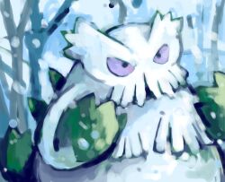 Rule 34 | abomasnow, bare tree, commentary, creatures (company), english commentary, game freak, gen 4 pokemon, hands up, nintendo, no humans, outdoors, pokemon, pokemon (creature), purple eyes, sailorclef, snow, snowing, solo, spikes, tree