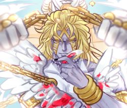Rule 34 | 1boy, 70491014 (argon-1014-), bad id, bad pixiv id, blonde hair, chain, colored skin, dio brando, facial mark, feathers, heaven ascended dio, heavenly dio, jojo no kimyou na bouken, jojo no kimyou na bouken: eyes of heaven, long hair, male focus, purple skin, scar, solo, stand (jojo), the world, the world over heaven, wrist cuffs, yellow eyes