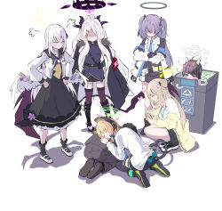 Rule 34 | 1boy, 6+girls, :&lt;, :d, ^ ^, ahoge, angry, animal ears, armband, arrow (symbol), azusa (blue archive), belt, black coat, black footwear, black gloves, black hair, black legwear, black skirt, blue archive, blush, blush stickers, boots, bow, brown hair, business suit, cat ears, cat girl, cat tail, closed eyes, coat, coat on shoulders, collared shirt, commentary request, crossed arms, demon girl, demon horns, demon wings, dogeza, fake animal ears, feathered wings, flower, forehead, formal, frilled skirt, frills, fur-trimmed coat, fur trim, gloves, hair bow, hair flower, hair ornament, hair ribbon, hairband, hairclip, halo, hand on own hip, hands on own hips, headphones, heart, heart tail, highres, hina (blue archive), horns, jacket, knee boots, leaf, leaf on head, light brown hair, long hair, long sleeves, lying on person, mary janes, midori (blue archive), military, military uniform, miyu (blue archive), multiple girls, necktie, nonomi (blue archive), off shoulder, one side up, open mouth, pantyhose, parted bangs, peeking out, pencil skirt, plaid, plaid skirt, pleated skirt, ponytail, purple eyes, purple hair, purple legwear, rabbit ears, recycle bin, red eyes, ribbon, school uniform, seiza, sensei (blue archive), serafuku, shirt, shoes, short hair, short sleeves, sidelocks, simple background, sitting, skirt, smile, socks, squatting, standing, suit, tail, tail bow, tail ornament, tail ribbon, thighhighs, thighs, tonomiya68, tress ribbon, two side up, uniform, white background, white coat, white footwear, white hair, white wings, wings, yuuka (blue archive), zettai ryouiki