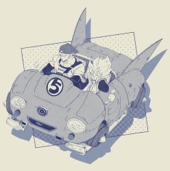 Rule 34 | 2boys, apple, arm support, artist name, backwards hat, baseball cap, beige background, capsule corp, car, casual, chewing, clothes writing, convertible, dragon ball, dragonball z, driving, fenyon, fingernails, food, from above, fruit, full body, greyscale, hand up, happy, hat, highres, holding, holding food, holding fruit, jacket, looking afar, monochrome, motor vehicle, multiple boys, pectorals, piccolo, pointy ears, rear-view mirror, seatbelt, serious, shadow, side-by-side, simple background, smile, son goku, spiked hair, star (symbol), starry background, super saiyan, super saiyan 1, vehicle focus
