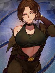 Rule 34 | 1girl, belt, black sports bra, bodysuit, breasts, brown gloves, cleavage, collar, commentary request, earrings, gloves, green bodysuit, hand in own hair, holding, holding whip, jewelry, large breasts, march ab, military, navel, off shoulder, open bodysuit, open clothes, short hair, snk, solo, sports bra, stomach, the king of fighters, toned, whip, whip (kof)