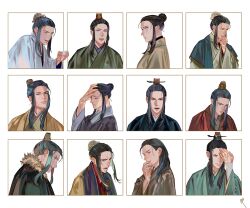 Rule 34 | 1boy, black hair, blue eyes, border, bun cover, chinese clothes, cloak, closed mouth, cup, eishou (juuni kokuki), frown, fur-trimmed cloak, fur trim, hair bun, hair down, hair pulled back, hand on own chin, hand on own forehead, hand up, hanfu, holding, holding cup, juuni kokuki, long sleeves, looking at viewer, male focus, multiple views, open mouth, outside border, profile, purple eyes, saiga tokihito, sidelocks, sideways glance, simple background, single hair bun, smile, smug, straight-on, stroking own chin, thinking, updo, upper body, white background, wide sleeves, xiao guan (headdress)