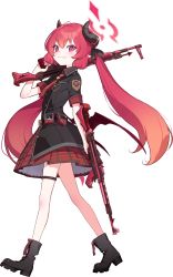 Rule 34 | 1girl, assault rifle, blue archive, blush, boots, demon girl, demon horns, doremi, dual wielding, emblem, full body, gun, halo, highres, holding, horns, junko (blue archive), long hair, necktie, official art, over shoulder, pleated skirt, purple eyes, red hair, rifle, school uniform, skirt, solo, stg44, transparent background, twintails, very long hair, weapon, weapon over shoulder