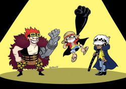 Rule 34 | 3boys, abs, artist request, black hair, boots, cape, earrings, eustass kid, expressionless, food, fruit, fur trim, grin, jewelry, jumping, looking at viewer, mechanical arms, monkey d. luffy, multiple boys, muscular, muscular male, one piece, orange hair, scar, simple background, smile, strawberry, stylus, tattoo, trafalgar law