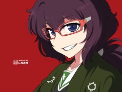 Rule 34 | 10s, 1girl, artist logo, artist name, black eyes, black hair, commentary, dated, girls und panzer, glasses, grin, haori, highres, japanese clothes, long hair, looking at viewer, messy hair, one-hour drawing challenge, ooarai school uniform, oryou (girls und panzer), portrait, red-framed eyewear, red background, school uniform, semi-rimless eyewear, serafuku, shiroobi (whitebeltmaster), short ponytail, simple background, smile, solo, under-rim eyewear