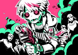 Rule 34 | 1boy, 4others, bandages, bandages, black sclera, blood, bloody bandages, caution, cherico, closed mouth, colored sclera, gun, holding, holding gun, holding weapon, hood, hood down, hoodie, injury, long hair, multiple others, open mouth, original, pink background, pink eyes, running, simple background, smoke, stitches, weapon, zipper, zombie