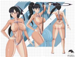 Rule 34 | 1girl, absurdres, alternate footwear, ass, black hair, breasts, eve (stellar blade), full body, grid background, highres, holding, holding sword, holding weapon, large breasts, multiple tails, official alternate hair length, official alternate hairstyle, ponytail, skin suit (stellar blade), skins, solo, stellar blade, sword, tail, tiredtorto, twitter username, weapon