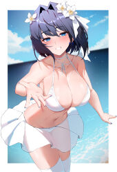 Rule 34 | 1girl, bare shoulders, bikini, blue eyes, blue hair, blush, bow, bow earrings, breasts, bridal veil, cleavage, collarbone, earrings, hair intakes, hair ornament, highres, hololive, hololive english, jewelry, large breasts, lessone, looking at viewer, nail polish, ocean, ouro kronii, short hair, skirt, smile, solo, swimsuit, thighhighs, veil, virtual youtuber, water, white bikini