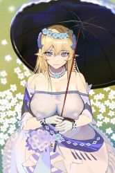 Rule 34 | 1girl, absurdres, arknights, bare shoulders, blonde hair, blue eyes, breasts, choker, covered erect nipples, dress, flower, gloves, hair between eyes, head wreath, highres, holding, holding umbrella, horns, huge breasts, impossible clothes, ken (1057168252), long hair, looking at viewer, off-shoulder dress, off shoulder, official alternate costume, pointy ears, saileach (appreciate fragrance) (arknights), saileach (arknights), smile, solo, umbrella, white dress, white flower, white gloves