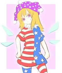 Rule 34 | 2girls, american flag dress, american flag legwear, arms at sides, blonde hair, blue hair, blue wings, clenched hands, clownpiece, commentary request, dress, fairy wings, flat chest, groin, hat, jester cap, karashi chikuwa, long hair, multiple girls, navel, neck ruff, polka dot, purple eyes, purple hat, see-through, see-through dress, short sleeves, solo, stand, star (symbol), star print, striped clothes, striped dress, sweatdrop, touhou, wings