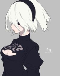 Rule 34 | 1girl, blindfold, breasts, character name, cleavage, cleavage cutout, clothing cutout, drag-on dragoon, from side, grey background, hairband, highres, lips, medium breasts, mochizuki kei, mole, mole under mouth, nier (series), nier:automata, parted lips, profile, see-through, short hair, silver hair, simple background, solo, turtleneck, 2b (nier:automata)