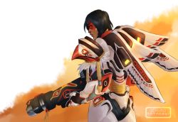 Rule 34 | 1girl, alternate hairstyle, andrea salonga, armor, artist name, black hair, braid, dark-skinned female, dark skin, facepaint, from behind, gun, holding, holding gun, holding weapon, jetpack, lips, looking back, low twintails, mechanical wings, native american, official alternate costume, overwatch, overwatch 1, pauldrons, pharah (overwatch), power armor, rocket launcher, shoulder armor, solo, thunderbird pharah, transparent background, twin braids, twintails, weapon, wings