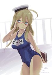 Rule 34 | 10s, 1girl, adjusting hair, ahoge, blonde hair, blue eyes, book, glasses, hat, holding, holding book, i-8 (kancolle), kantai collection, long hair, looking at viewer, one-piece swimsuit, personification, red-framed eyewear, school swimsuit, smile, solo, swimsuit, wa (genryusui)