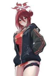Rule 34 | 1girl, black jacket, blue archive, character request, cherry blossom print, china dress, chinese clothes, dress, floral print, hair bun, halo, highres, jacket, looking at viewer, open clothes, red eyes, red hair, red halo, rkin, single hair bun, solo, thigh strap