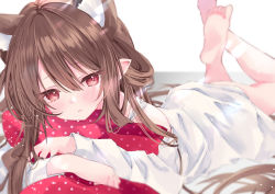 Rule 34 | 1girl, absurdres, animal ear fluff, animal ears, barefoot, blurry, blurry background, blush, brown hair, character request, commentary request, copyright request, extra ears, eyelashes, feet up, hair between eyes, highres, looking at viewer, lying, moizumi shipon, hugging object, on stomach, parted lips, pillow, pointy ears, red eyes, shirt, sidelocks, soles, solo, toes, white shirt
