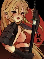 Rule 34 | 1girl, armor, ashikaga chachamaru, blonde hair, breasts, brown eyes, fangs, highres, holding, holding sword, holding weapon, japanese armor, katana, long hair, looking at viewer, medium breasts, open mouth, pointy ears, sheath, shoulder armor, smile, sode, solo, soukou akki muramasa, sword, uee m, unsheathing, upper body, very long hair, weapon