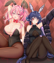 Rule 34 | 2girls, :d, ;q, allen m. sumner (azur lane), allen m. sumner (charming rabbit) (azur lane), alternate costume, animal ears, argyle, argyle background, argyle clothes, arm behind head, arm up, armpits, artist name, ass, azur lane, badge, bare shoulders, black footwear, black hair, black jacket, black leotard, blush, bodystocking, bow, bowtie, braid, braided bun, breasts, bremerton (azur lane), button badge, cleavage, closed mouth, clothing cutout, collarbone, commentary, covered navel, detached collar, fake animal ears, fake tail, fishnet legwear, fishnets, frilled leotard, frills, grey hair, groin, hair between eyes, hair bun, hair ornament, hairclip, high heels, highleg, highleg leotard, highres, jacket, knees up, large breasts, leotard, long hair, long sleeves, looking at viewer, medium breasts, mole, mole on breast, mole under eye, multicolored hair, multiple girls, nao (naobinarydigit), off shoulder, official alternate costume, one eye closed, open clothes, open jacket, open mouth, pantyhose, pink eyes, pink hair, playboy bunny, rabbit ears, rabbit pin, rabbit tail, red eyes, red neckwear, sidelocks, sitting, smile, sparkle, spotlight, strapless, strapless leotard, streaked hair, tail, tongue, tongue out, twintails, two-tone hair, underboob cutout, x hair ornament