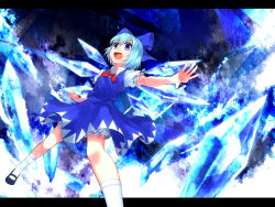 Rule 34 | 1girl, bloomers, blue background, blue eyes, blue hair, bow, cirno, clenched hand, dress, gradient background, hair bow, highres, ice crystal, letterboxed, looking away, looking up, mary janes, matching hair/eyes, mikan (ama no hakoniwa), open hand, open mouth, outstretched arm, ribbon, shoes, short hair, short sleeves, socks, solo, touhou, underwear, wings