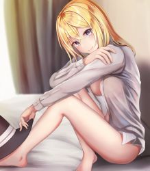 Rule 34 | 1girl, bare legs, barefoot, black handwear, blonde hair, blush, breasts, cleavage, closed mouth, commentary, crossed bangs, curtains, day, dress shirt, full body, fumei (mugendai), hair between eyes, hat, highres, holding, holding clothes, holding hat, indoors, long sleeves, looking at viewer, maribel hearn, medium breasts, medium hair, naked shirt, on bed, open clothes, open shirt, purple eyes, see-through silhouette, shirt, sitting, smile, solo, sunlight, thighs, touhou, unbuttoned, unworn hat, unworn headwear, white shirt, window
