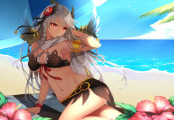 Rule 34 | 1girl, armlet, beach, beach umbrella, bracelet, braid, dark valkyrie (p&amp;d), day, dean (momodean), hair ornament, highres, jewelry, looking at viewer, navel, outdoors, puzzle &amp; dragons, red eyes, revision, silver hair, single braid, solo, towel, umbrella, valkyrie (p&amp;d), water
