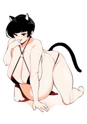 Rule 34 | 1girl, absurdres, all fours, animal ears, big belly, bikini, black bikini, black eyes, black hair, blush, breasts, cat ears, cat tail, cleavage, collarbone, curvy, fake animal ears, fake tail, female focus, hanging breasts, highres, huge breasts, kyattorosu, looking at viewer, original, outie navel, parted lips, pixie cut, pregnant, shiny skin, short hair, smile, solo, sweat, swimsuit, tail, thick thighs, thighs, wide hips