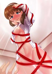 Rule 34 | 10s, 1girl, blue eyes, blurry, blush, breasts, brown hair, cleavage, depth of field, from below, groin, hairband, idolmaster, idolmaster cinderella girls, jewelry, looking at viewer, looking down, navel, no panties, open clothes, open mouth, pov, red ribbon, ribbon, ring, sakuma mayu, short hair, smile, solo focus, underboob, wedding band, yasuhito