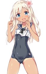 Rule 34 | 10s, 1girl, blonde hair, blue eyes, crop top, double v, flower, hair flower, hair ornament, kantai collection, long hair, one-piece swimsuit, ro-500 (kancolle), sailor collar, school swimsuit, standing, swimsuit, swimsuit under clothes, tan, tanline, unacchi (nyusankin), v
