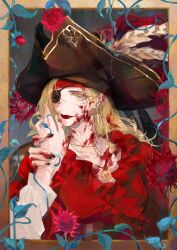 Rule 34 | 1girl, absurdres, black nails, blonde hair, blood, blood in hair, blood on face, blood on hands, blouse, border, bracelet, chinese commentary, collarbone, commentary, dagger earrings, dangle earrings, ear piercing, earrings, eyepatch, facial scar, flower, green eyes, hand grab, hat, headband, highres, ivy, jewelry, langley (path to nowhere), long hair, looking at viewer, luori dianxin, mole, mole on neck, multiple necklaces, nail polish, necklace, official alternate costume, path to nowhere, pearl bracelet, piercing, pov, pov hands, red flower, red headband, red lips, red shirt, scar, scar on cheek, scar on face, ship&#039;s wheel ornament, shirt, smile, solo focus, tricorne, upper body