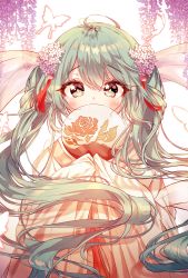 Rule 34 | + +, 1girl, bad id, bad pixiv id, blush, bug, butterfly, chuushuu meigetsu miku, flower, green eyes, green hair, hair between eyes, hair flower, hair ornament, hand fan, hatsune miku, highres, insect, iop5509, long hair, paper fan, solo, twintails, uchiwa, upper body, very long hair, vocaloid, white background, wisteria