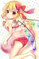 Rule 34 | 1girl, :p, ass, bare arms, bare legs, bare shoulders, barefoot, beads, bikini, blush, bow, commentary request, crystal, feet out of frame, flandre scarlet, food, from behind, hair beads, hair between eyes, hair bow, hair ornament, hairclip, halterneck, highres, holding, holding food, ice cream, ice cream cone, innertube, leg up, long hair, looking at viewer, looking back, no headwear, red bikini, red bow, ruhika, shell hair ornament, side-tie bikini bottom, side ponytail, silhouette, smile, solo, star (symbol), starry background, swim ring, swimsuit, thighs, tongue, tongue out, touhou, white background, wings, x hair ornament