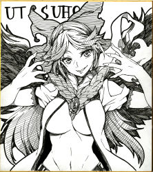 Rule 34 | 1girl, bird wings, bow, breasts, character name, collared shirt, commentary request, greyscale, hair bow, highres, ishida kazuma, large breasts, long hair, looking at viewer, monochrome, navel, no bra, open clothes, open mouth, open shirt, reiuji utsuho, shikishi, shirt, short sleeves, simple background, smile, solo, third eye, touhou, traditional media, underboob, upper body, wings