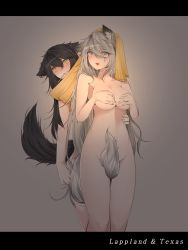 Rule 34 | + +, 2girls, absurdres, animal ears, arknights, behind another, between legs, black hair, blush, breasts, character name, commentary request, covering privates, covering breasts, dated commentary, drying, drying hair, ear piercing, eating, female focus, grey background, grey hair, hair between eyes, highres, korean commentary, lappland (arknights), large breasts, letterboxed, long hair, looking at viewer, mouth hold, multiple girls, nude, piercing, samip, scar, scar across eye, scar on face, simple background, tail, tail between legs, tail censor, texas (arknights), towel, towel on head, very long hair, wolf ears, wolf girl, wolf tail, yellow eyes, yuri
