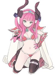 Rule 34 | 10s, 1girl, armor, asymmetrical legwear, bikini, bikini armor, blade (galaxist), blunt bangs, boots, breasts, brown thighhighs, cape, closed mouth, curled horns, dragon tail, elbow gloves, elizabeth bathory (brave) (fate), elizabeth bathory (fate), eyebrows, fate/extra, fate/extra ccc, fate/grand order, fate (series), fingerless gloves, full body, gauntlets, gem, gloves, green eyes, hair ribbon, hand on own hip, hand up, horns, jewelry, knee pads, kneeling, long hair, looking at viewer, navel, necklace, pauldrons, pink footwear, pink gloves, pink hair, pointing, pointing at viewer, purple ribbon, red armor, red bikini, ribbon, shoulder armor, sidelocks, simple background, skindentation, small breasts, smile, solo, stomach, string bikini, swimsuit, tail, thigh strap, thighhighs, tiara, two side up, uneven legwear, white background, white cape