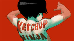 Rule 34 | 1girl, black hair, blunt bangs, body writing, daromeon, flat chest, from behind, ketchup ninja, nude, partially submerged, red background, shinoko (ketchup ninja), solo