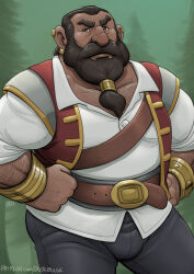 Rule 34 | 1boy, absurdres, bara, beard, bulge, cowboy shot, dark-skinned male, dark skin, dragon age, dragon age: absolution, dudebulge, dwarf, facial hair, full beard, hairy, hands on own hips, highres, lacklon (dragon age), long beard, looking at viewer, male focus, mature male, muscular, muscular male, old, old man, receding hairline, solo, standing, thick arm hair, thick beard, thick chest hair, thick eyebrows, tied beard, tsurime, wrinkled skin