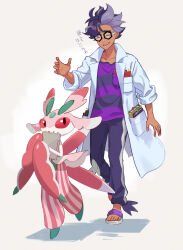 Rule 34 | 1boy, :d, black-framed eyewear, breast pocket, closed eyes, coat, collarbone, commentary request, creatures (company), game freak, gen 7 pokemon, glasses, hand up, highres, jacq (pokemon), lurantis, male focus, mikami, nintendo, open clothes, open coat, open mouth, pants, pocket, pokemon, pokemon (creature), pokemon sv, purple hair, purple pants, purple shirt, sandals, shirt, short hair, smile, standing, striped clothes, striped shirt, teeth, toes, translation request, white footwear