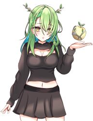 Rule 34 | 1girl, absurdres, antlers, apple, black choker, black shirt, black skirt, braid, breasts, ceres fauna, choker, cleavage cutout, clothing cutout, colored inner hair, cowboy shot, emo fashion, food, fruit, green hair, highres, hololive, hololive english, horns, large breasts, midriff peek, mole, mole under eye, multicolored hair, navel, object floating above hand, open mouth, panpanmc4, shirt, skirt, solo, virtual youtuber, yellow eyes