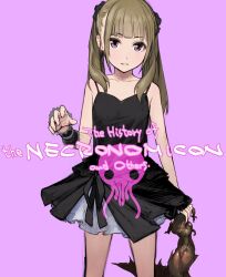 Rule 34 | 1girl, bare shoulders, black dress, brown hair, chuuou higashiguchi, commentary request, dress, english text, flat chest, highres, long hair, looking at viewer, original, parted lips, purple background, purple eyes, simple background, sleeveless, sleeveless dress, solo, tentacles, twintails