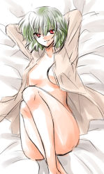 Rule 34 | 1girl, arms up, bed, bed sheet, blouse, breasts, female focus, green hair, kazami yuuka, kokono coco, legs together, lying, naked shirt, open clothes, open shirt, red eyes, shirt, short hair, solo, touhou