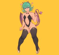 Rule 34 | 1girl, bare arms, bare shoulders, black thighhighs, choker, curly hair, demon tail, demon wings, flat chest, full body, green eyes, green hair, heart, high heels, highres, keigi, legs, leotard, matching hair/eyes, navel, one-punch man, parted lips, short hair, simple background, solo, standing, tail, tatsumaki, thick thighs, thighhighs, thighs, wings, yellow background