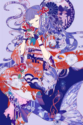 Rule 34 | 1girl, bourbone, closed eyes, facing viewer, fins, floral print, flower, hair flower, hair ornament, head fins, holding, holding flower, inishie no megami to houseki no ite, japanese clothes, long hair, mermaid, monster girl, nail polish, pink nails, purple hair, smile, solo