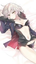 Rule 34 | 1girl, arm up, bed sheet, black bra, black dress, black jacket, black panties, blush, bra, breasts, brown eyes, closed mouth, commentary request, dress, fate/grand order, fate (series), fur-trimmed jacket, fur-trimmed sleeves, fur trim, grey hair, hair between eyes, highres, jacket, jeanne d&#039;arc (fate), jeanne d&#039;arc alter (fate), jeanne d&#039;arc alter (ver. shinjuku 1999) (fate), jewelry, long sleeves, looking at viewer, lying, medium breasts, navel, official alternate costume, on back, open clothes, open dress, open jacket, panties, pendant, solo, tomozero, underwear, wicked dragon witch ver. shinjuku 1999