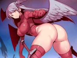 Rule 34 | 1girl, ass, blush, breasts, closed mouth, female focus, final fantasy, final fantasy tactics, from behind, gloves, head wings, highleg, highleg leotard, highres, huge ass, large breasts, leaning forward, legs, legs apart, leotard, light blush, long hair, looking at viewer, orange eyes, red leotard, red thighhighs, serious, silver hair, simple background, solo, sword, thighhighs, thighs, tukiwani, ultima (fft), weapon, wings