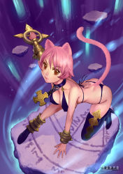 Rule 34 | 1girl, animal ears, ariverkao, bikini, boots, breasts, cat ears, cat tail, cleavage, covered erect nipples, high heels, highres, looking at viewer, on one knee, original, pink hair, short hair, solo, swimsuit, tail, weapon