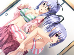 Rule 34 | 2girls, ass, bare shoulders, bent over, blue hair, bra, breasts, brown eyes, clear blue communications, cleavage, collarbone, dutch angle, from behind, game cg, glasses, green bra, green panties, hair ornament, hair ribbon, kudo hirano, kudo nono, lingerie, long hair, looking at viewer, looking back, mirai nostalgia, multiple girls, navel, open clothes, open mouth, open shirt, panties, pink bra, pink panties, ponytail, purple eyes, purple hair, red eyes, ribbon, shirt, short hair, short twintails, siblings, siki (purple software), sisters, skirt, sliding doors, standing, striped bra, striped clothes, striped panties, twintails, underwear, undressing