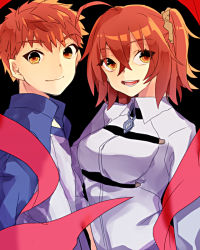 Rule 34 | 1boy, 1girl, ahoge, asagi-so, black background, chaldea uniform, emiya shirou, fate/grand order, fate (series), fujimaru ritsuka (female), looking at viewer, looking to the side, projection magecraft (fate/grand order), red hair, red scarf, scarf, scrunchie, side ponytail, simple background, smile, upper body, yellow eyes, yellow scrunchie